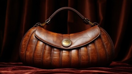 Close-up of a rich brown leather handbag.