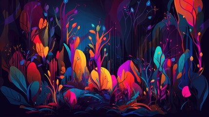 Vibrant, stylized forest scene with bold colors.