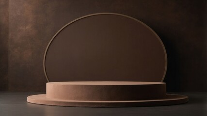 Brown circular display podium with a backdrop.