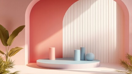Pastel-colored display podium with geometric shapes and tropical plants.
