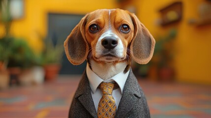 Beagle dog wearing a suit and tie.