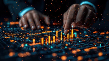 A hand interacting with a digital circuit board displaying data.