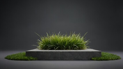 Green grass tufts in a stone planter.