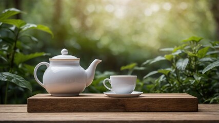 White teapot and cup on a wooden surface amidst greenery.