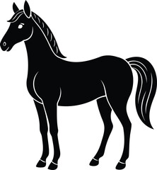 Elegant black horse silhouette standing gracefully on a white background design