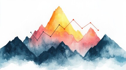 Watercolor painting of layered mountains with data points and a line graph overlay, blending natural scenery and business analytics.