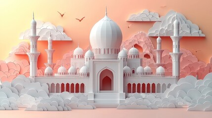 A mosque scene crafted in paper-cut style.