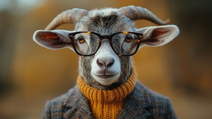 Goat wearing glasses and a sweater.