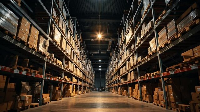 Spacious Warehouse Interior Filled with Stacked Boxes and Shelves Illuminated by Bright Ceiling Lights