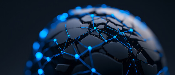 Abstract 3D Representation of a Digital Network Globe with Glowing Lines and Nodes