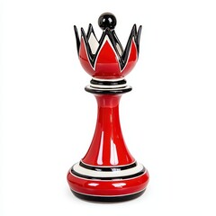 Stylized Red and Black Ceramic Chess Queen on White Background