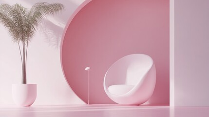 Minimalist pink room with a modern armchair and potted plant.