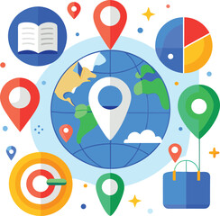 Fototapeta premium Global Business and Travel Concept with Map Pins and Various Icons