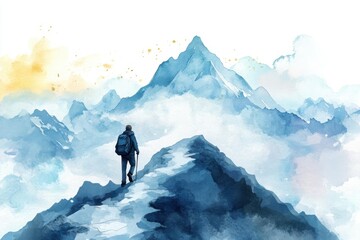 A lone hiker stands on a rocky peak, gazing at towering, misty mountains painted in soft blue and white watercolors.