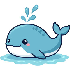 Cute cartoon whale illustration with water splash isolated on a black background