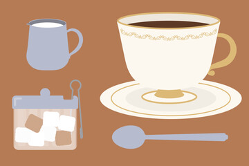 純喫茶風のコーヒー・ミルク・砂糖のイラスト