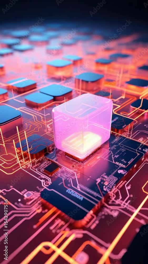 Poster circuit board close up with connections and glow. bright light shining from central component with s