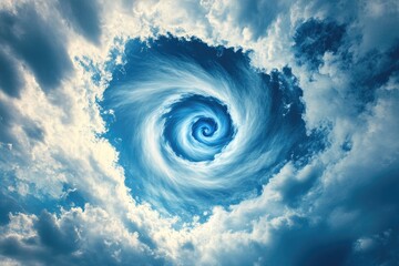 sky with spiral-shaped clouds, creating an illusion of a whirlpool or vortex in the blue sky.