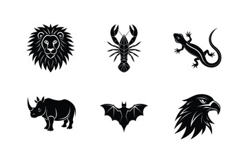 Six black silhouettes of wild animals and insects