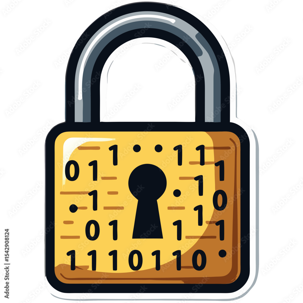 Poster illustration of a golden padlock with binary code: digital security and data protection