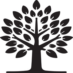 A stylized black tree with many leaves symmetrically arranged on branches against a white background art