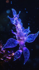 A fearsome, bioluminescent deep-sea creature, resembling a giant, glowing centipede, swims through the dark abyss. Its body radiates a vibrant blue and purple light, with sharp spines and teeth, creat