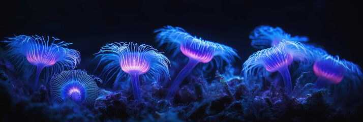 A fearsome, bioluminescent deep-sea creature, resembling a giant, glowing centipede, swims through the dark abyss. Its body radiates a vibrant blue and purple light, with sharp spines and teeth, creat