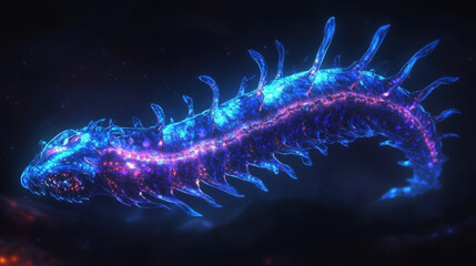 A fearsome, bioluminescent deep-sea creature, resembling a giant, glowing centipede, swims through the dark abyss. Its body radiates a vibrant blue and purple light, with sharp spines and teeth, creat