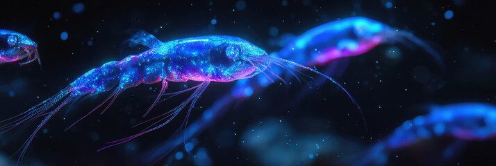 A fearsome, bioluminescent deep-sea creature, resembling a giant, glowing centipede, swims through the dark abyss. Its body radiates a vibrant blue and purple light, with sharp spines and teeth, creat