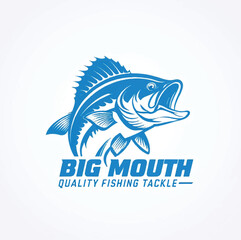 Naklejka premium Big Mouth Quality Fishing Tackle Logo – Bold Blue Fish Emblem for Fishing Brand Identity
