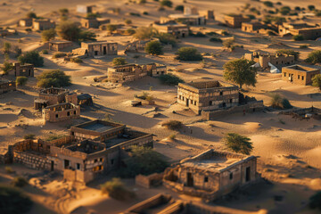 An abandoned, sand-colored village is being swallowed by encroaching desert dunes under a warm sun. The tilt-shift effect makes the decaying mud-brick buildings look like a miniature model, highlighti