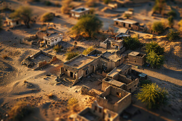 An abandoned, sand-colored village is being swallowed by encroaching desert dunes under a warm sun. The tilt-shift effect makes the decaying mud-brick buildings look like a miniature model, highlighti