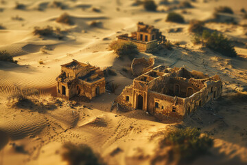 An abandoned, sand-colored village is being swallowed by encroaching desert dunes under a warm sun. The tilt-shift effect makes the decaying mud-brick buildings look like a miniature model, highlighti