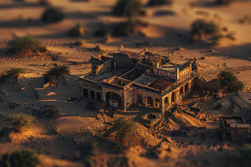 An abandoned, sand-colored village is being swallowed by encroaching desert dunes under a warm sun. The tilt-shift effect makes the decaying mud-brick buildings look like a miniature model, highlighti