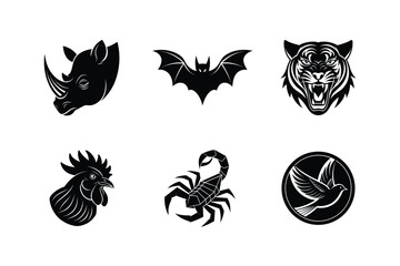 Six black and white animal icons set