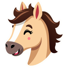 Cute and happy cartoon horse head smiling with closed eyes on a black background