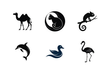 Six silhouettes of diverse animals camel cat chameleon dolphin duck flamingo