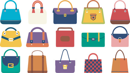 A vibrant collection featuring diverse women's fashion handbags in multiple styles and colors, perfect for every stylish occasion.