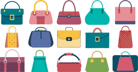 A vibrant collection featuring diverse women's fashion handbags in multiple styles and colors, perfect for every stylish occasion.