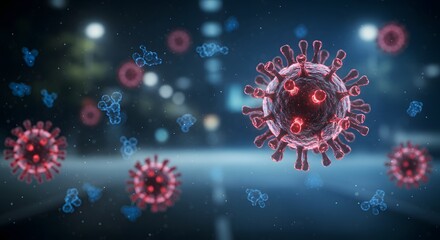 Fototapeta premium Microscopic View of Viruses Spreading in a City at Night Showing Red and Blue Particles