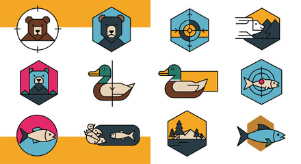 Outdoors Hunting and Fishing Sport Design Logos with Animals and Equipment Badges Collection