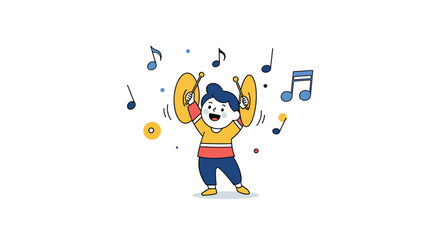 A Happy Boy Playing Cymbals Surrounded by Music Notes Enjoying Musical Performance