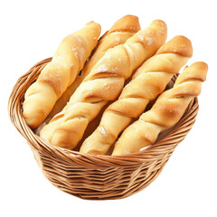Bread sticks in a woven basket isolated on white background for culinary presentation or food styling ideas, bread sticks in basketisolated on white background