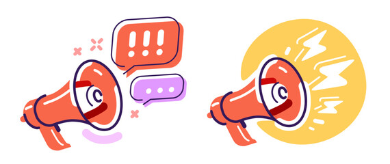 Announcement message on megaphone. Loudspeaker and speech bubble, announcing event. Banner for marketing, advertising