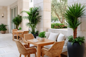 Obraz premium Outdoor restaurant tables and wicker chairs enjoying sunlight