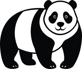 Cute cartoon panda bear standing, presented in black and white silhouette
