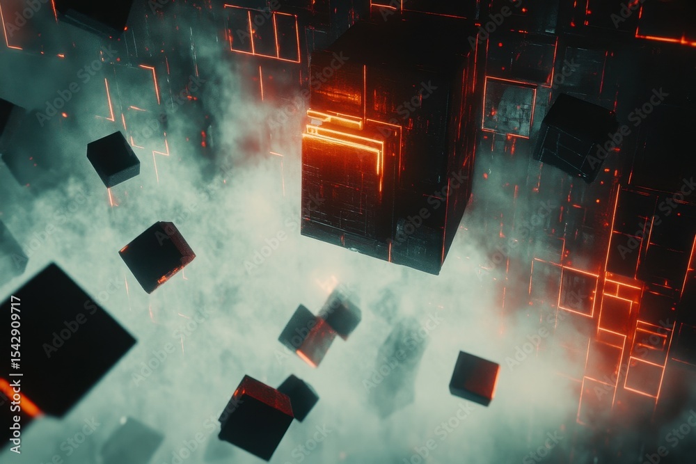Poster Flight over fast moving cubes highlights advanced technology in a digital environment, Flight over fast moving cubes Technology background CG