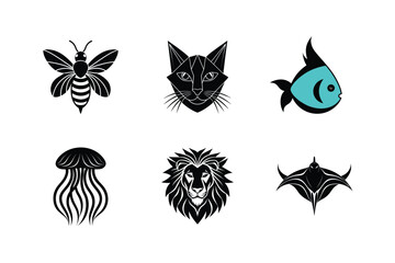 Geometric animal icons bee cat fish jellyfish lion stingray