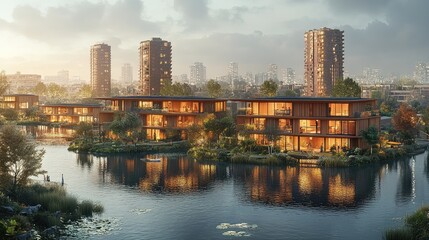 Naklejka premium Modern eco-friendly waterfront homes, calm river, city skyline background