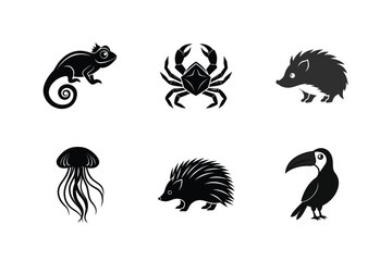 Six black silhouettes of wild animals